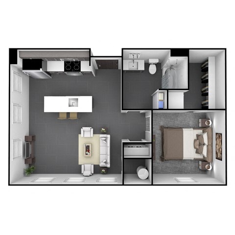 Floor plan for 1 bed, 1 bath, 749 sqft